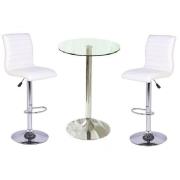 Gino Clear Glass Bar Table With 2 Ripple White Stools