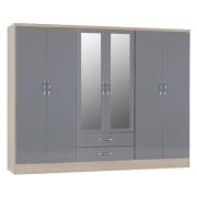 Mark Oak Wooden Wardrobe With 6 Doors Grey Gloss Front