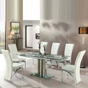 Rihanna Extending Clear Glass Dining Table 6 Ravenna White Chairs