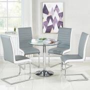 Dante Clear Glass Dining Table With 4 Symphony Grey White Chairs