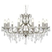 Satin Silver 12 Light Chandelier In Clear Crystal Drops