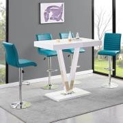 Vienna White High Gloss Bar Table With 4 Ripple Teal Stools