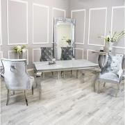 Laval White Glass Dining Table With 6 Dessel Pewter Chairs