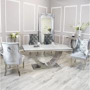 Avon White Glass Dining Table With 4 Dessel Pewter Chairs