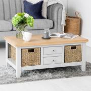 Elkin Wooden Coffee Table With 4 Drawers In Oak And Grey