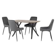 Alsip Oak Wooden Dining Table With 4 Grey Velvet Chairs